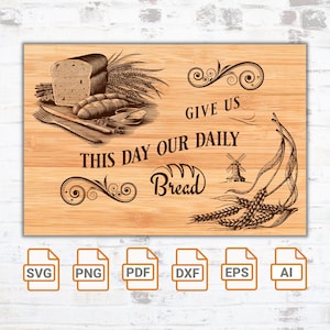 Offrez-nous aujourd'hui notre planche à découper en pain quotidien - SVG| design de style vintage pour gravure laser | Planche de charcuterie Silhouette coupe fichiers