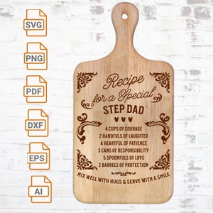 Recept voor een speciale stiefvader svg| Klaar voor Glowforge| Lasergesneden bestand| Snijplank SVG| Voedsel lade Svg| Familie citaat Svg