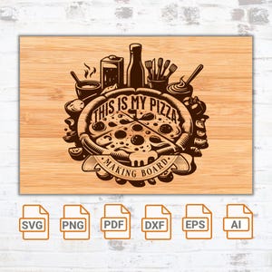 Könnte beinhalten: Ein braunes Holzbrett zum Schneiden mit einem Pizzamuster und dem Text "This is my pizza making board".