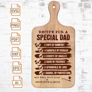 Receta para un papá especial/ Tabla de cortar falsa svg/ Glowforge listo/ Archivo cortado por láser/ Tabla de cortar SVG/ Bandeja de comida Svg/ Cita familiar Svg