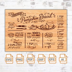 May include: A wooden cutting board with a recipe for homemade pumpkin bread. The recipe includes ingredients like sugar, butter, pumpkin, eggs, flour, cinnamon, nutmeg, cloves, baking soda, and baking powder. The board has a rustic brown color and is decorated with a pumpkin and leaves.
