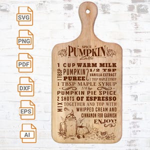 Arquivo de gravação a laser - Receita de Pumpkin Spice Latte - SVG | Charcutaria | Outono SVG | Bandeja em camadas SVG | Arquivos de corte de silhueta de tábua de charcutaria