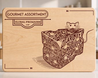 Op de afbeelding: Een rechthoekige, lichtgekleurde houten snijplank met een donkerbruin lasergegraveerd ontwerp. De tekst luidt GOURMET ASSORTMENT GLOBAL FROMAGES OF. Een groot stuk kaas is afgebeeld, opgebouwd uit diverse kazenamen met een kat die eruit kijkt.