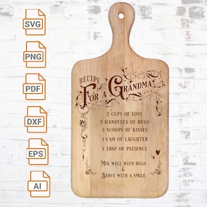 Arquivo de gravação a laser - Receita para uma avó especial - SVG | Tábua de corte da avó Svg | Charcutaria | Arquivos de corte de silhueta de tábua de charcutaria