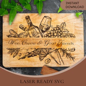 Wijn kaas vrienden SVG | Charcuteriebord lasergravureontwerp | Snijplank cadeau voor wijnliefhebber
