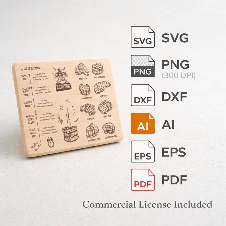 Guía de temperatura para barbacoa en formato SVG para tabla de cortar, archivo de grabado láser para tabla de temperatura de carne, regalo ideal para papá experto en barbacoas Glowforge imagen 6