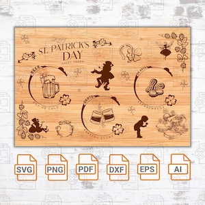 May include: A brown wooden chopping board with a St. Patrick's Day theme. The board features illustrations of beer, shots, peanuts, a pot of gold, a leprechaun, and a horseshoe. The text "Happy St. Patrick's Day" is written at the top of the board.