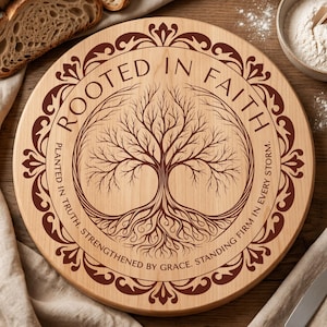May include: A round wooden cutting board with a tree of life design and the words "Rooted in Faith" in a circular pattern. The board is light-colored with a dark brown engraved design and text. The text also includes the phrases "Planted in Truth, Strengthened by Grace, Standing Firm in Every Storm."