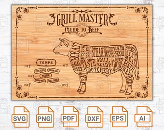 Beef Cuts and Temperatures Grill Master| Cutting Board| Cute Charcuterie Board SVG | Charcuterie Board Silhouette Cut Files