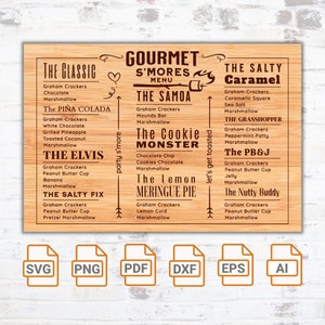 Gourmet Smores Menü SVG | Smorcuterie geschnitten Datei S'mores Brett SVG| Camping Platz | Marshmallows | Schneidebrett geschnitten Datei Tablett geschnitten Datei | Cricut svg
