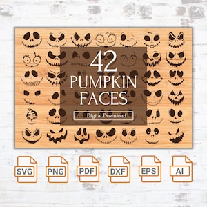 May include: A digital download of 42 pumpkin face designs in SVG, PNG, PDF, DXF, EPS, and AI formats. The designs are black and white and feature various spooky and whimsical expressions.