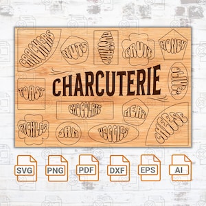 Schattig vleeswarenbord SVG | Fancy Charcuterie-definitie SVG | Wijn-SVG | Grafische wijn en kaas |Glowforge | Keuken bord Svg