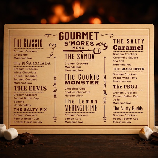 Gourmet Smores Menü SVG | Smorcuterie Brett Design | Camping Charcuterie Gravurdatei | Glowforge Laser SVG