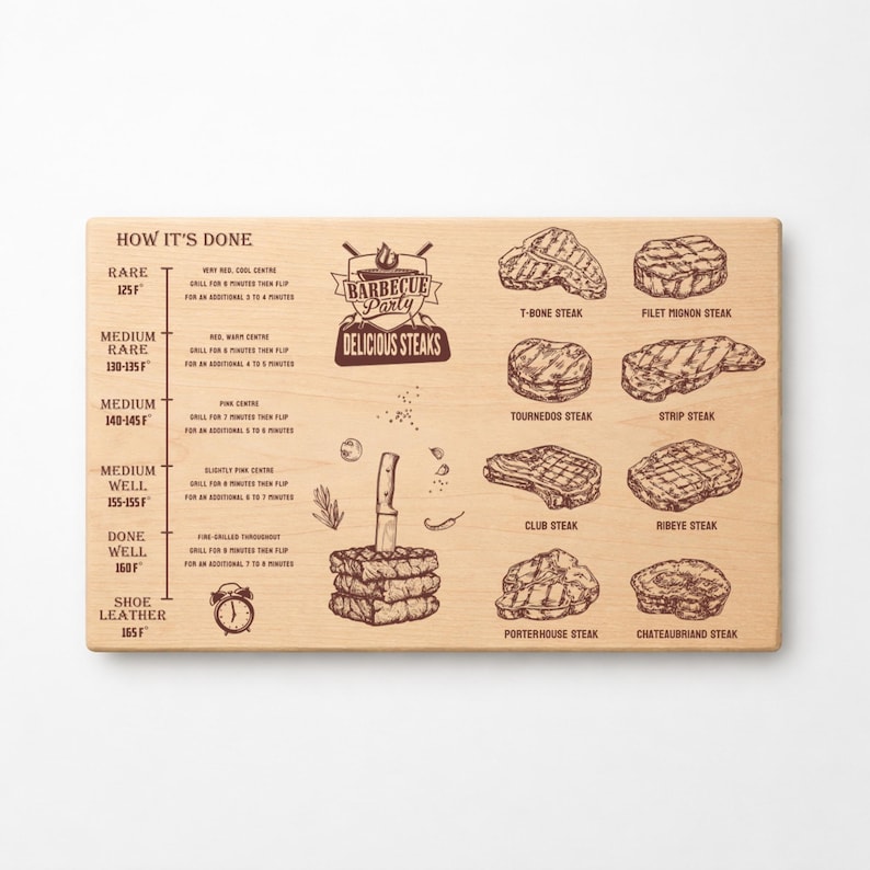 Guía de temperatura para barbacoa en formato SVG para tabla de cortar, archivo de grabado láser para tabla de temperatura de carne, regalo ideal para papá experto en barbacoas Glowforge imagen 3