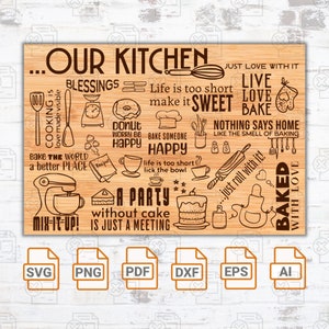 Könnte beinhalten: Ein braunes, hölzernes Schneidebrett mit weißem Hintergrund. Das Brett ist mit schwarz-weißen Illustrationen von Küchenutensilien und Backsprüchen verziert. Der Text auf dem Brett lautet "...OUR KITCHEN JUST LOVE WITH IT LIVE LOVE BAKE NOTHING SAYS HOME LIKE THE SMELL OF BAKING BAKED WITH LOVE". Das Brett bietet eine Auswahl an Dateiformaten am unteren Rand: SVG, PNG, PDF, DXF, EPS und AI.