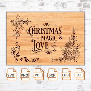 Christmas magic and love SVG Glowforge Laser Cut Files| Christmas Tray Cutting Board| Merry Christmas - Cutting Board SVG