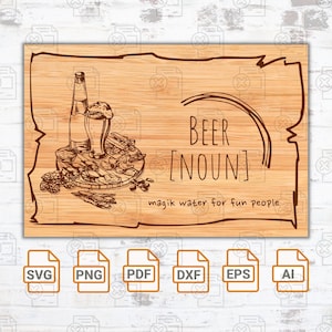 May include: A wood-grain background with a hand-drawn illustration of a beer bottle, a glass of beer, and a plate of snacks. The text "BEER [NOUN] magik water for fun people" is written in brown text below the illustration.