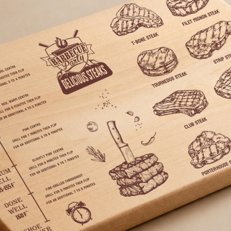 Guía de temperatura para barbacoa en formato SVG para tabla de cortar, archivo de grabado láser para tabla de temperatura de carne, regalo ideal para papá experto en barbacoas Glowforge imagen 5