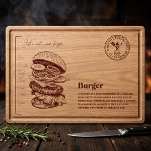 May include: A rectangular wooden cutting board featuring an engraved illustration of a burger with labels for bun, cucumber, tomato, cheese, onion, cutlet, and salad. It includes the text Just a well-made burger, Burger, and When life throws you a burger eat it.