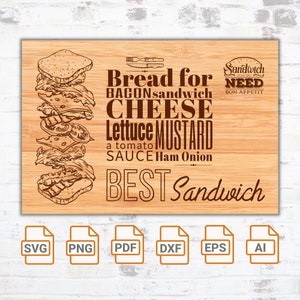 Puede incluir: Una tabla de cortar de madera marrón con un gráfico de un sándwich y el texto "Bread for BACONsandwich CHEESE Lettuce MUSTARD a tomato SAUCE Ham Onion BEST Sandwich". El texto "Sandwich NEED BON APPETIT" está en un cuadro separado en la tabla. Debajo de la tabla hay seis iconos: SVG, PNG, PDF, DXF, EPS y AI.