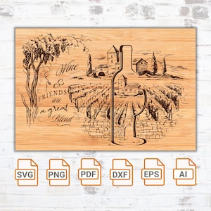Fichier de gravure laser - Le vin et les amis font bon ménage - SVG | Charcuterie | Plateau de fromages | Planche de charcuterie Silhouette coupe fichiers