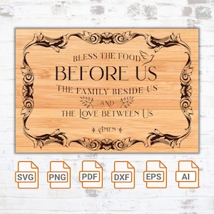 Preghiera in cucina - Tagliere rettangolare SVG/ Design in stile vintage per incisione laser/ Benedici il cibo SVG/ Glowforge/ Cartello da cucina
