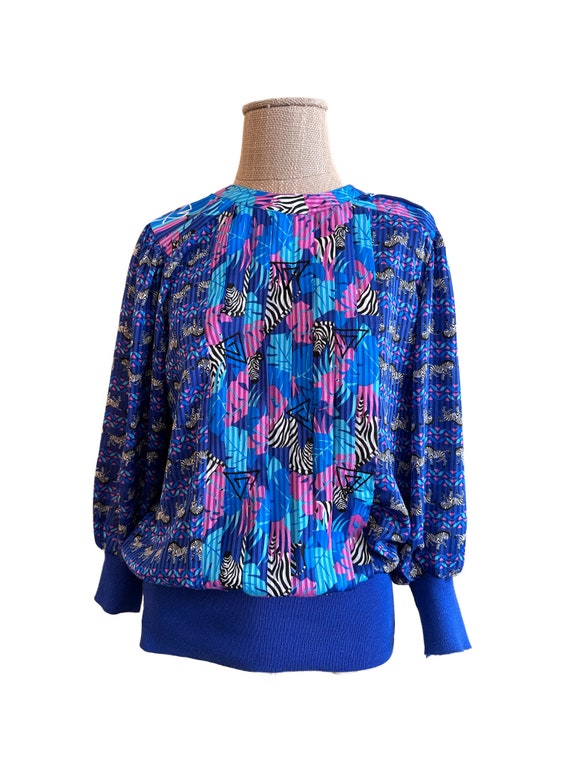 Vintage 1980s Blouse Top with Zebras / Vintage 80… - image 1