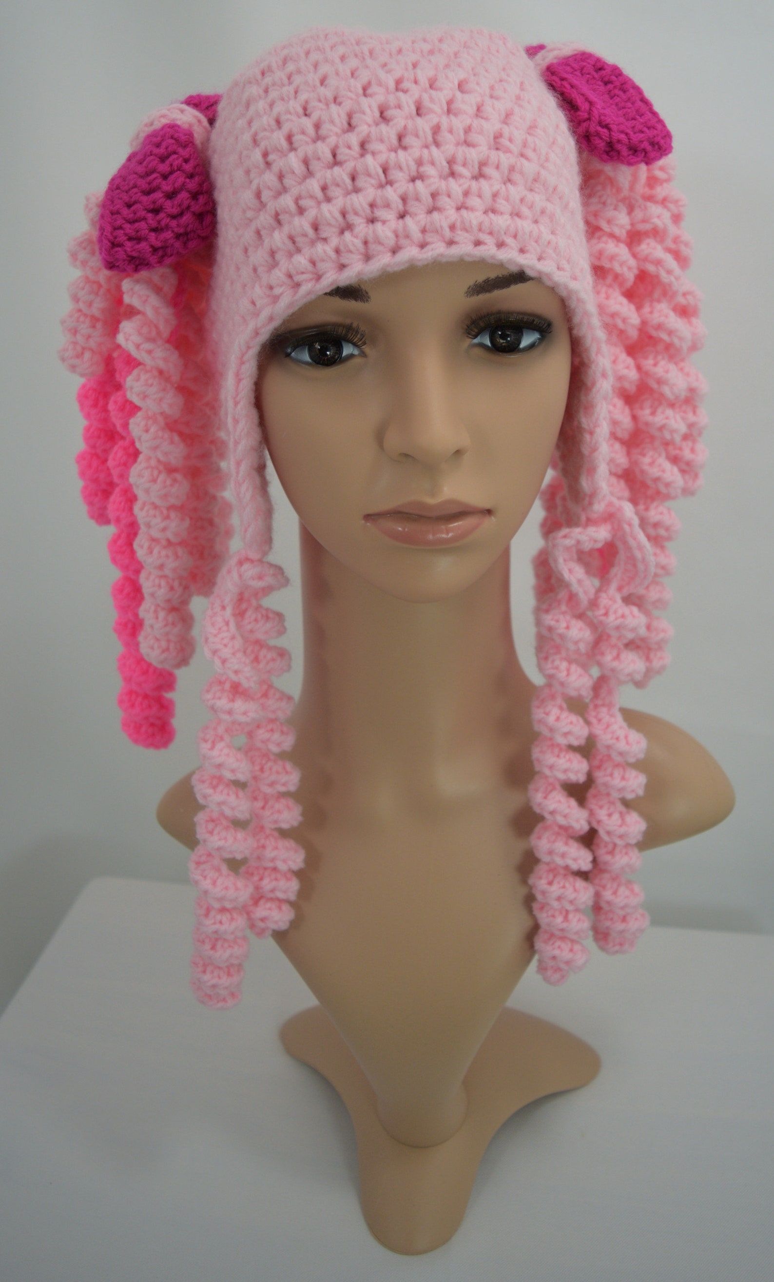 Crochet pigtail hat Pigtail wig Costume Wig pink hat curly | Etsy