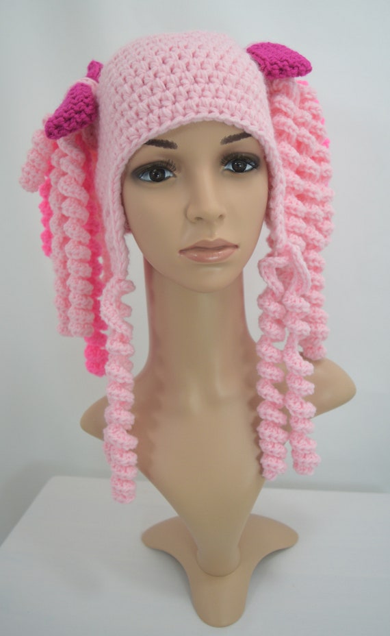 Crochet pigtail hat Pigtail wig Costume Wig pink hat curly | Etsy