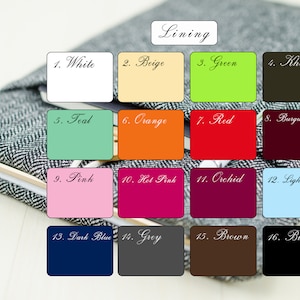 May include: A color chart showing 16 different lining colors for a product. The colors are labeled with numbers and names, including white, beige, green, khaki, teal, orange, red, burgundy, pink, hot pink, orchid, light blue, dark blue, grey, brown, and black.