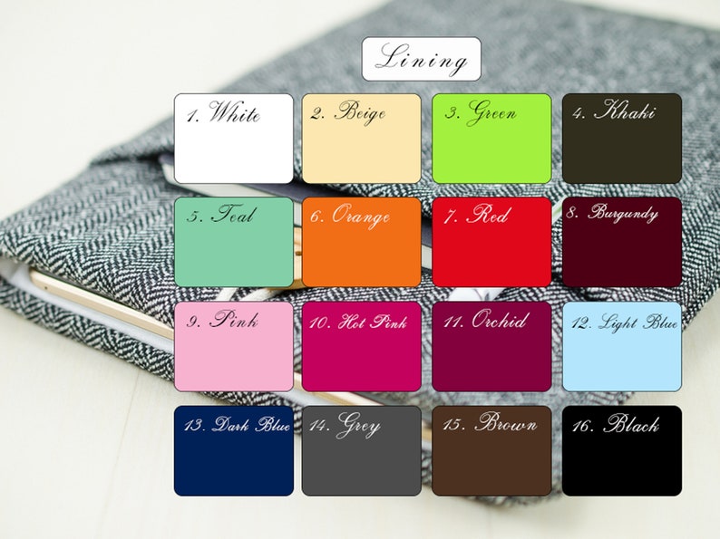 May include: A color chart showing 16 different lining colors for a product. The colors are labeled with numbers and names, including white, beige, green, khaki, teal, orange, red, burgundy, pink, hot pink, orchid, light blue, dark blue, grey, brown, and black.