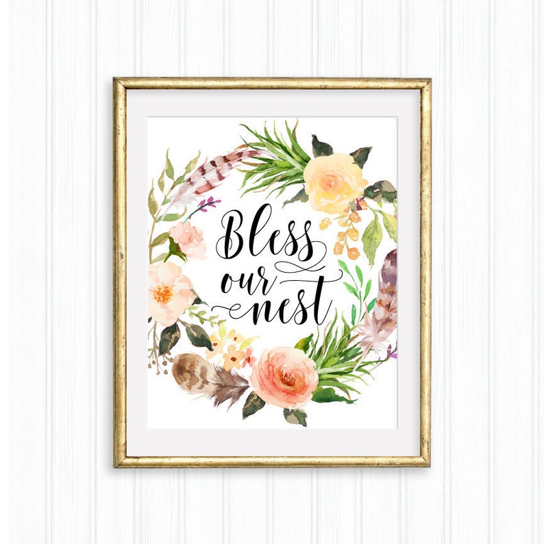 Bless Our Nest, Printable Quote, Floral Wreath, Watercolor Flower ...