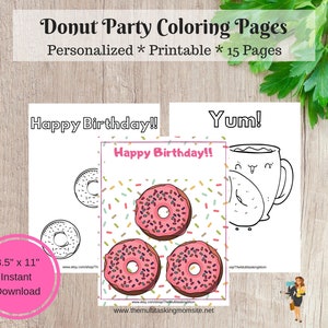 Donut Party Coloring Pages, Activity Pages, Birthday Party Activity, Party Favor