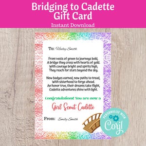 Bridging to Cadette Gift Card Troop Leader Resource Girl Scout Gift - Printable Instant Download