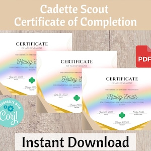 Cadette Girl Scout 1st, 2nd, and 3rd Year Certificate of Completion, Investiture Certificate - Printable Instant Download | #102