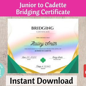 Junior to Cadette Bridging Certificate Scouts Bridging Ceremony Printable Troop Leader Resource Instant Download | #102
