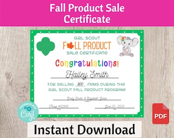 Girl Scout-productverkoopcertificaat herfst Afdrukbare bron voor troepenleider direct downloaden | #101