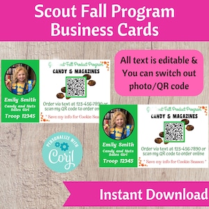 Visitekaartjes met productprogramma Scout Fall met QR-code - afdrukbaar visitekaartje direct downloaden, bewerkbaar met Corjl