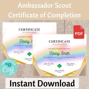 Ambassador Scout 1st and 2nd Year Certificate of Completion, Investiture Certificate - Printable Troop Leader Instant Download | #102