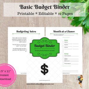 May include: A printable budget binder with a green and black design. The cover features the text "Budget Binder" and a dollar sign. The binder includes 12 pages and is 8.5 inches by 11 inches.