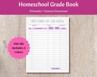 Printable Teacher Grade Book for Homeschool Record of Grades PDF Instant Digital Download