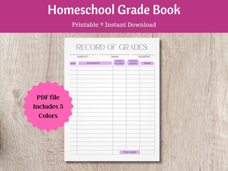 Printable Teacher Grade Book for Homeschool Record of Grades PDF