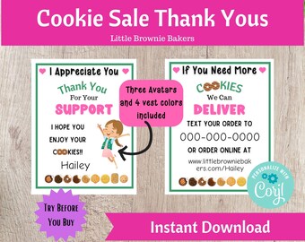 May include: Two printable thank you cards for a Girl Scout cookie sale. The left card says "I Appreciate You" and features a girl scout in uniform. The right card says "If You Need More Cookies We Can Deliver" and includes a phone number and website. Both cards feature a variety of Girl Scout cookie images.
