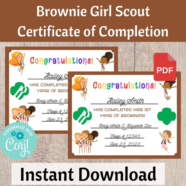 Brownie Girl Scout 1st and 2nd Year Certificate of Completion, Investiture Certificate - Printable Instant Download | #101