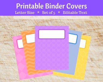 May include: A collection of five printable binder covers in various colors, including pink, orange, purple, blue, and yellow. Each cover features a white label area and decorative patterns. The text at the top reads "Printable Binder Covers, Letter Size, Set of 5, Editable Text."