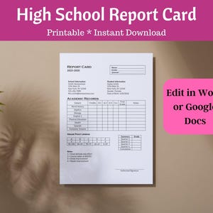 Op de afbeelding: Een afdrukbare middelbare school rapportkaart sjabloon met de tekst "High School Report Card" en "Printable * Instant Download" in een roze banner. De rapportkaart bevat secties voor academische records en studenteninformatie. Een roze vierkant met de tekst "Edit in Word or Google Docs" staat rechts.