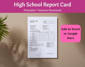 High School Report Card Template for Homeschool Printable Editable File for Microsoft Word & Google Docs, Fillable Instant Digital Download