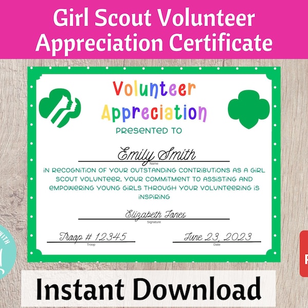 Volunteer Appreciation Certificate - Girls Scouts Bridging Ceremony - Printable Instant Download | #101