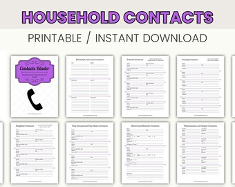 Household Contacts Printable Household Management Instant Download Home Organization