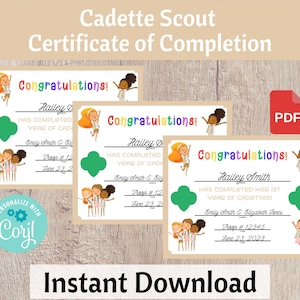 Cadette Scout 1st, 2nd and 3rd Year Certificate of Completion, Investiture Certificate - Printable Instant Download | #101
